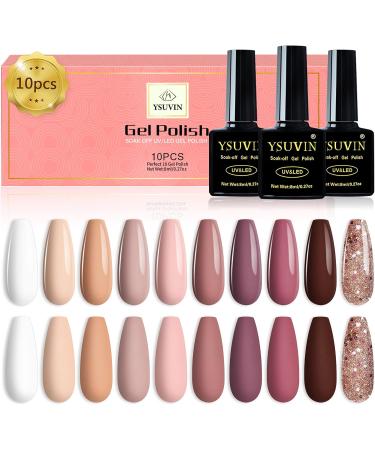 Yueshop 10PCS Gel Nail Polish Set - Beige Glitter Nude Pink White Purple Brown Series | Soak Off UV Varnish for Women - Manicure Beauty Gift - Buy Online on GoSupps.com