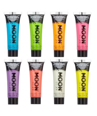 Moon Glow Moon Glow 8 x Glow in the Dark Face and Body Paints 12ml Glow in the Dark Charge to Glow with UV Keychain Included