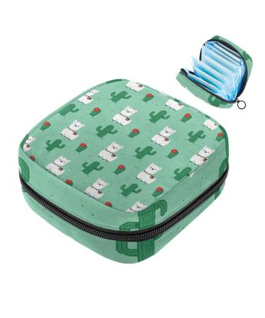 Menstruation pad bag with zipper women's napkin bag tampons collection bags for women and girls (alpaca lama white cactus green)