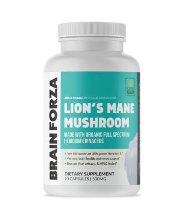 Brain Forza Organic Lion's Mane Mushroom Capsules Natural Supplement for Memory Support Focus Clarity Nerve Health Non-GMO Vegan Organic 90 Capsules