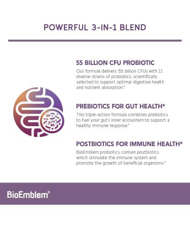 BioEmblem Probiotics for Women & Men 55 Billion CFU | 11 Strains with Prebiotics & Postbiotics | Jerusalem Artichoke & Inulin | Digestive & Immune Support Nutrient Absorption | Non-GMO,45 Capsules - Buy Online on GoSupps.com
