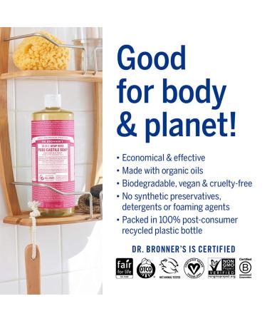 Dr. Bronner's Rose Pure-Castile Liquid Soap 32oz - Organic, Vegan, Non-GMO - Multipurpose for Face, Body, Hair, Laundry, Pets & Dishes - Buy Online on GoSupps.com