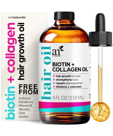 artnaturals Biotin Collagen Hair Oil 4.0oz - Growth Promoting Volumizing Formula - Reduce Hair Loss Strengthens and Nourishes Hair - Controls Frizz & Improves Manageability