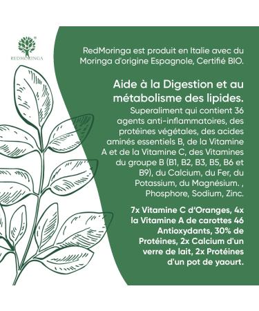 90 Organic Moringa Capsules | The Only Spanish Organic Moringa Made in Italy | Vegans Without Additives | Super Antioxidant Rich in Vitamins and Vegetable Proteins | High Quality RedMoringa - Buy Online on GoSupps.com