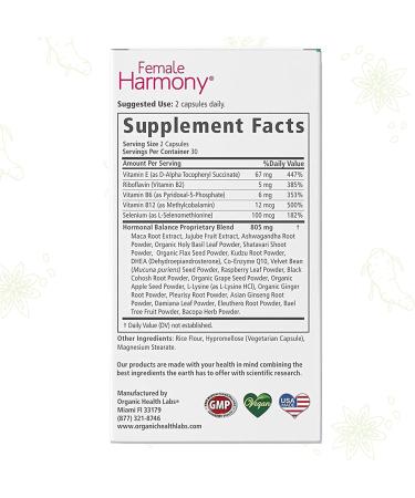 Organic Health Labs Female Harmony - Natural Hormonal Support for Women | 60 Veggie Capsules - Organic Vegan & Effective - Buy Online on GoSupps.com