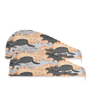 Sleeping Cat Dry Hair Cap 2 Piece Quick Drying Towel Set with Button Headband Super Absorbent Soft & Comfortable