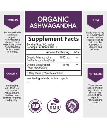 Organic Ashwagandha Capsules - Extra Strength Stress & Immune Support - 60 Count (Pack of 1) - Buy Online on GoSupps.com