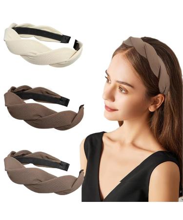 Nayyana 3 pieces of fashionable solid headbands for women and girls wide braided headband fabric hair straps with tooth 3 cm non-slip hair ripe accessories coffee color Style 2 - Buy Online on GoSupps.com