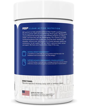 RSP L-Carnitine 500mg Weight Loss Supplement - Non-Stimulant Metabolism Booster for Men and Women - Amino Acid Workout Diet Pills - 120 Capsules - Buy Online on GoSupps.com