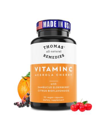 Thomas' all-natural Remedies Vitamin C with Organic Elderberry Organic Citrus Bioflavonids - Whole Food Supplement - Non-GMO - Raw Vegan - 90 Capsules