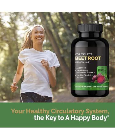 KORESELECT Beet Root 1000mg Capsules with Vitamin E - Nitric Oxide Supplement for Blood Circulation, Antioxidants, Immune Support & Athletic Performance - 60 Vegan Caps for Women and Men - Buy Online on GoSupps.com