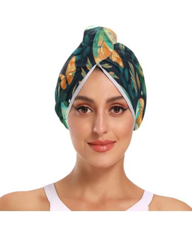 Green Yellow Butterfly Forest Hair Towel 2 Pack Super Absorbent Hair Drying Towel Quick Dry Hair Turbans Head Towel with Button Twisty Wrap for Women Girls