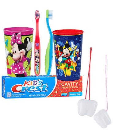 Mickey Mouse & Minnie Mouse Inspired 5pc. Bright Smile Oral Hygiene Set! Soft Manual Toothbrush, Crest Kids Sparkle Toothpaste & Mouthwash Rise Cup! Plus Bonus "Remember to Brush" Visual Aid!