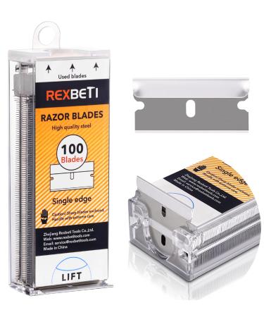 REXBETI 100PCS Single Edge Razor Blades, Industrial Scraper Razor Blades, One Edge Razor Blade, Replacement Box Cutter Blades with Auto Dispenser, Suitable for Removing Labels, Decals, Stickers 100pcs blades with auto dispenser