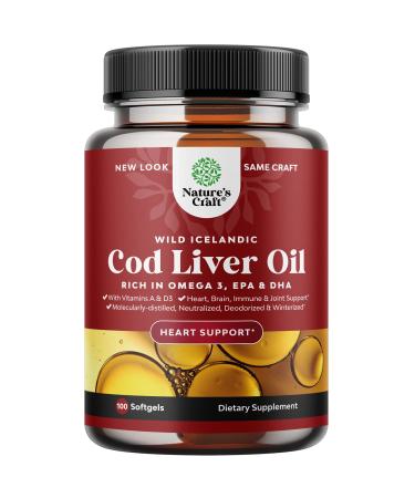 Icelandic Cod Liver Oil Softgels - Wild Caught EPA DHA Omega 3 Fish Oil 1000mg - Sustainably Sourced Burpless Fish Oil Supplement with Vitamin D3 and A for Heart Joint Brain and Immune Support