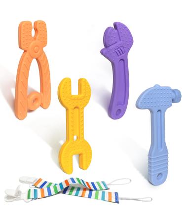 Baby Teething Toys Yosvge Baby Teether Molars for 0-6 6-12 Months Infants Soft-Textured Freezable Silicone Baby Chew Toys with Pacifier Clips Hammer Wrench Spanner Pliers Shape for Boys Girls 4 Pack