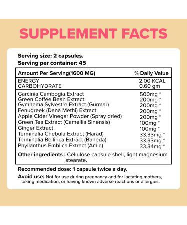 Apple Cider Vinegar Garcinia Cambogia Extract Green Coffee Fenugreek Green Tea Ginger Triphala Wellness Support Supplement for Women & Men Herbal ACV+_90_Pack1 - Buy Online on GoSupps.com