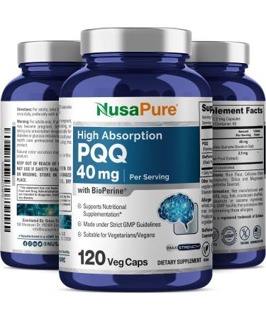 NusaPure PQQ Supplement 40 mg 120 Veggie Capsules Non-GMO Pyrroloquinoline Quinone Disodium Salt Bioperine 120 Count (Pack of 1) - Buy Online on GoSupps.com