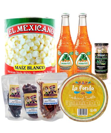 Pozole Kit/Authentic Mexican Food Meal Kit Canned Hominy Dried Chillies Tortilla Wraps Mexican Oregano & Jarritos Soda