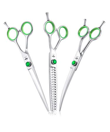 Purplebird Fellscher dog cups 7 inch Professional animal care set made of 440c Japanese stainless steel straight curved thin chunker scissors set