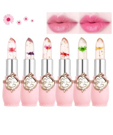 Btspring Clear Flower Jelly Lipstick 6 Packs Nutritious Moisturizer Lip Balm Temperature Color Change Lipstick Matte Long Lasting Lip Gloss (Pink)