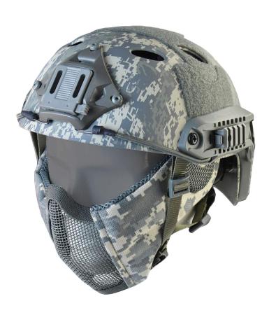 Tactical Foldable Half Face Airsoft Mesh Mask with Ear Protection and Tactical Airsoft Fast Helmet Adjustable H-Nape Helmet Chin Strap Large Size for Older Teenager or Adult ACU