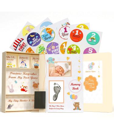 Pearly Tale Baby Memory Book Kit 73 Page Baby Journal with Baby Album Pages Keepsake Box Handprint Kit and Baby Milestone Stickers. Gender Neutral Baby Shower Gifts (And Same Gender Parents)