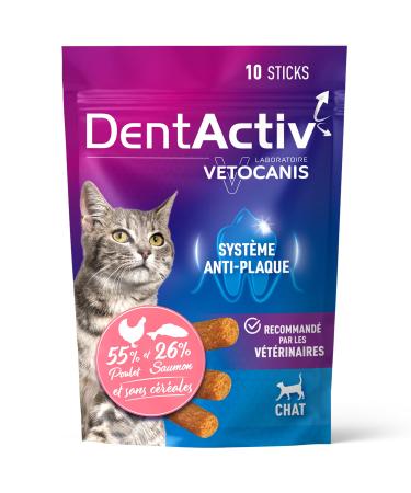 Vetocanis | Dentactiv | Cat Dental Stick | Cat Treats | Cat Health and Hygiene | Rich in Meat & Fish | 55% Chicken 26% Salmon | Recommended by Veterinarians | Anti-plaque System