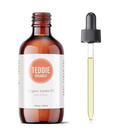 Teddie Organics Golden Jojoba Oil 100% Pure Organic Cold Pressed and Unrefined 4oz - Natural Moisturizer for Face Hair and Sensitive Skin  Carrier Oil for Essential Oils 4 Fl Oz (Pack of 1)
