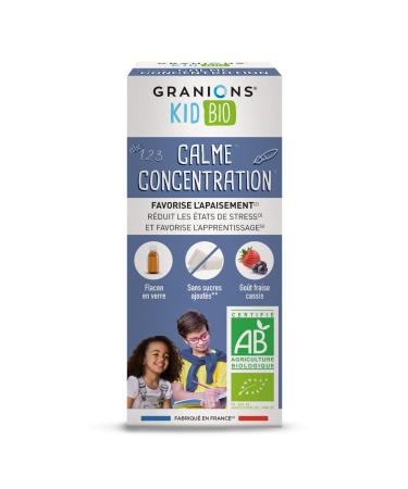 GRANIONS Organic Quiet Concentration Kid Certified Triple Action: Soothes Stress + Promotes Learning Lemon Balm + Poppy Strawberry and Blackcurrant Flavor 125 ml French Brand