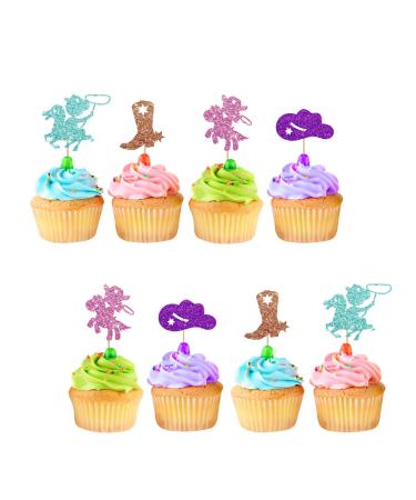 Cowboy and Cowgirl Cupcake Toppers Western Themed Birthday Party Cake Decor Pink&Blue Glitter Cake Decorations for Gender Reveal Boy or Girl Themed/Baby Shower Party Supplies - 24pcs