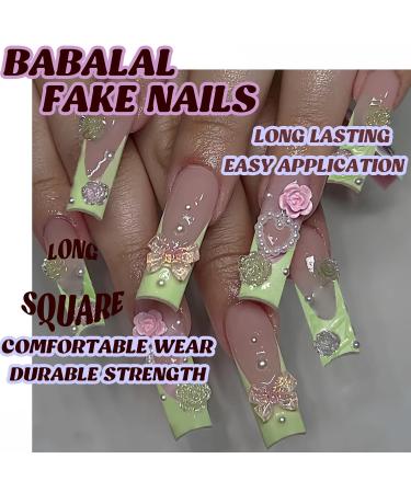 Buy BABALAL Long Press on Nails - 24Pcs Squoval Green French Nails with 3D Flower Charm & Jeweled Design - Handmade Acrylic Glue-ons for Stunning Manicure - Buy Online on GoSupps.com