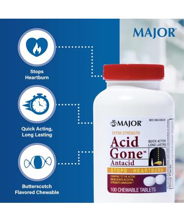 Major Acid Gone Extra Strength Antacid Chewable Tablets - Anti-Acid Relief - Acid Reflux Medicine for Adults - Upset Stomach Acid Indigestion and Heartburn Relief - Long-Lasting - 100-Count (2 Pack) - Buy Online on GoSupps.com