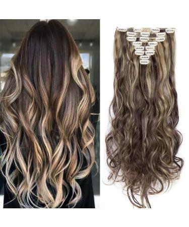 8Pcs Hairpiece Clip in Hair Extensions 24inch Brown Curly Hair Synthetic Hair Piece Long Curly Wavy for Full Head 24 Inch Curly #Dark Brown&Golden Brown