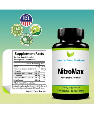 NitroMax Performance Formula L-Arginine Nitric Oxide Supplement Plus Citrulline AKG Beta Alanine Build Muscle Vascularity Energy Circulation Workout Harder - 60 L-Arginine Capsules 1 Count (Pack of 60) - Buy Online on GoSupps.com