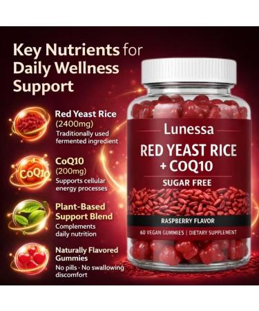 Lunessa Red Yeast Rice with Red Yeast Rice 2400mg CoQ10 200mg Restores Body Vitality & Maintains Healthy Cholesterol Levels for Men & Women Non-GMO Vegan Raspberry Flavor 60 Gummies (2) - Buy Online on GoSupps.com