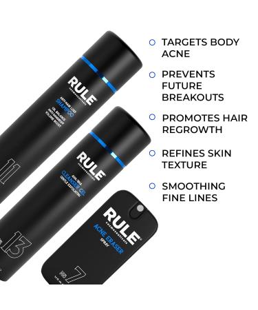 Rule Cosmeceuticals - Men's Face & Hair Kit No.7 Body Acne Spray No.11 Anti Hair Loss Shampoo & No.13 Gel Cleanser Hair Care and Skin Care Set - Buy Online on GoSupps.com