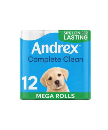 Andrex Complete Clean Toilet Tissue 12 Mega Toilet Rolls 18 Standard Loo Rolls with Unique 3D Wave Texture for a Proven Effective Clean (Previously Andrex Classic Clean) 12 Complete Clean Mega Toilet Rolls