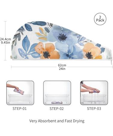 Watercolor Blue Beige Flower Hair Towel 2 Pack - Super Absorbent Quick Dry Hair Turbans for Women & Girls - Buy Online on GoSupps.com