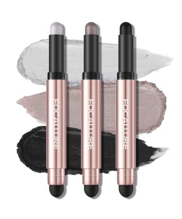 FOCALLURE 3 Pcs No Crease Eyeshadow Sticks Shimmer & Matte Eye Shadow Crayon Set with Blending Sponge Brush Smooth Texture Cream Eye Highlighter Pen Long Lasting Waterproof Eyeshadow Brightener Stick Makeup Falling Sky