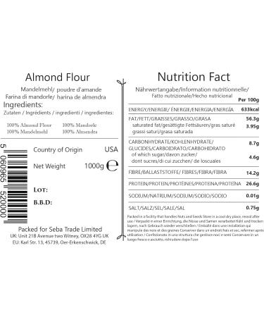 Seba Garden Extra Fine Almond Flour Blanched Ziplock Packaging Resealable Ground Almond from California Keto Friendly 1 Kg 1 kg Pack of 1 - Buy Online on GoSupps.com