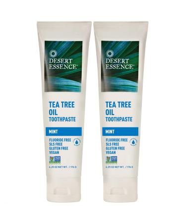 Desert Essence Tea Tree Oil Toothpaste - Mint - 6.25 Oz - Pack of 2 - Refreshing Taste - Deep Cleans Teeth & Gums - Helps Fight Plaque - Sea Salt - Pure Essential Oil - Baking Soda