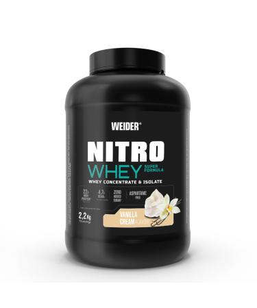 Weider nitro whey super formula (2.2kg) vanilla cream taste.22g protein/portion of whey concentrate & isolate 4.7g BCAA/portion L-glutamine vitamin B6 without sugar additive without aspartame