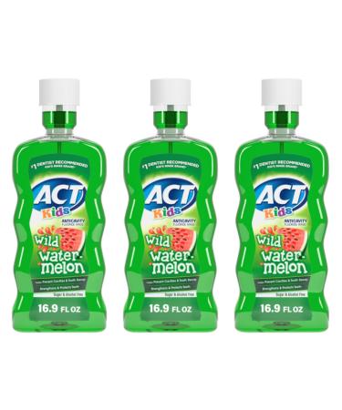 ACT Kids Anticavity Fluoride Mouthwash Sugar & Alcohol Free Mouth Rinse Strengthens Teeth Wild Watermelon 16.9 fl. oz. 3 Pack