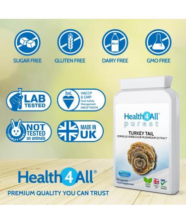 Health4All Turkey Mushroom Extract 500mg 90 Capsules - 30% PSK/PSP Beta Glucans - 100% Fruiting Bodies - Vegan - Buy Online on GoSupps.com