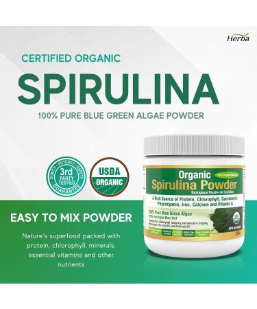 Herba Organic Spirulina Powder 250g Certified USDA Organic & Tested for Heavy Metals | Made in Canada | Pure Spirulina Powder Organic Canada - Buy Online on GoSupps.com