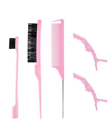 5 Pieces Hair Styling Comb Set Pink - Edges Control Brush  Teasing Bristle Brush  Rat Tail Comb  2pcs Alligator Clips for Back Brushing Slicking Combing - Women Girls Stylists Baby Beauty Accessories
