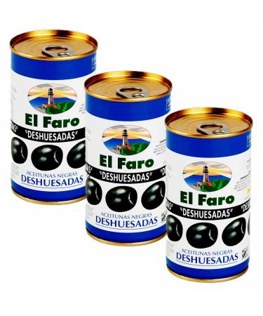 El Faro 3 x350g tins (150 grams drained/tin) BLACK PITTED Spanish Manzanilla Olives