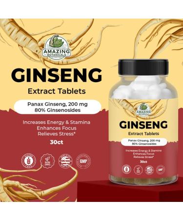 Amazing Botanicals Panax Ginseng Extract Tablets - 200mg Highly Potent 80% Ginsenosides for Energy & Relaxation - Natural Herbal Supplement for Cognitive Booster - 30 Tablets - Buy Online on GoSupps.com