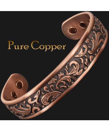 Ladies Pure Copper Magnetic Bracelet Women Copper Bangle Cuff Holistic Magnetic Band with 6 Strong Neodymium Magnets Adjustable Floral Pattern-PC (L: Wrist 19.5-22.5cm/7.6-8.75") - Buy Online on GoSupps.com